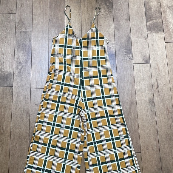 Zara Trafaluc Mustard Yellow green Plaid tartan Jumpsuit S Wide Leg cami strap - Picture 7 of 14